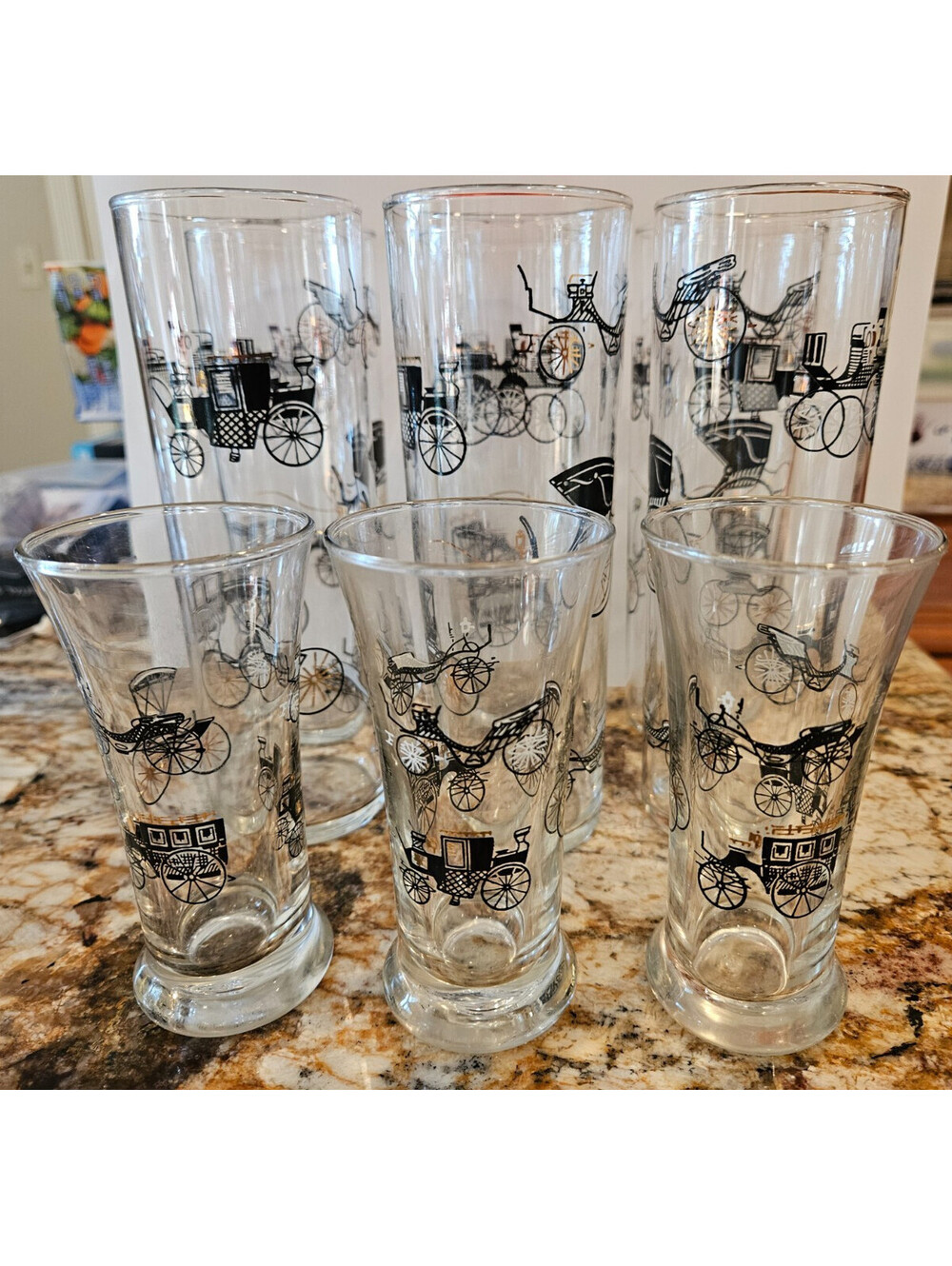 1950's Six 7 inch Libbey Curio Line Carriage Highball Glasses & 3 Double Shot